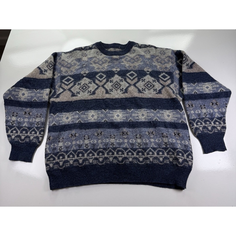 VTG 90s Geometric Pattern Wool Blend Sweater Blue Beige Nordic Knit L *no Tag‎